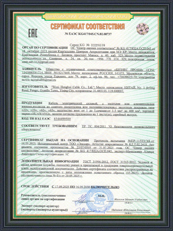 Kabel za napajanje EAC COC certifikat